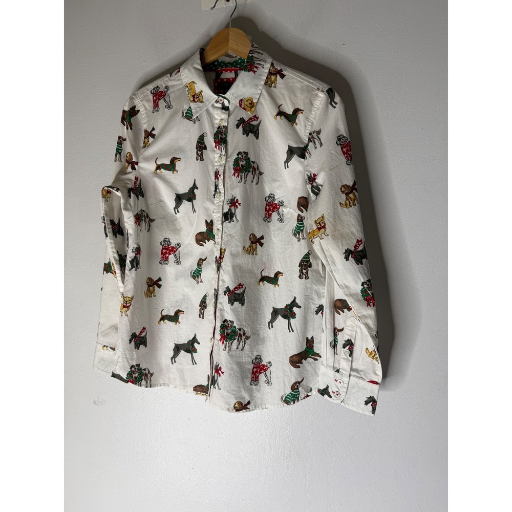 Talbots Petite Christmas Dog Print Button Down Shirt White Cotton MP Holiday